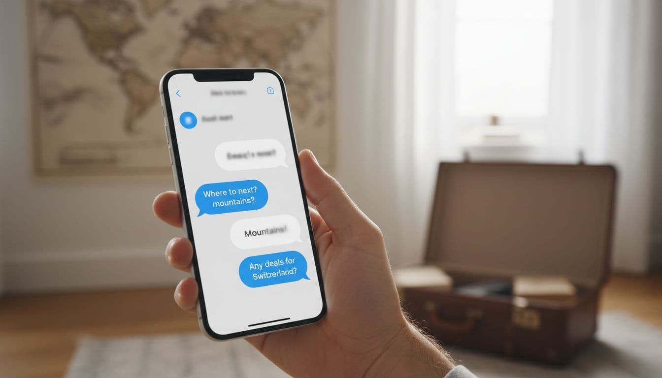 Close-up of a hand holding a smartphone screen showing a simple chat conversation about holiday options, blurred home background with map and suitcase, soft natural lighting, realistic style without readable text.