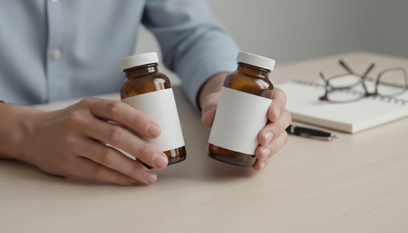 Close-up of hands holding and comparing two vitamin D supplement bottles side by side on a desk with a notebook in the background, under soft lighting.