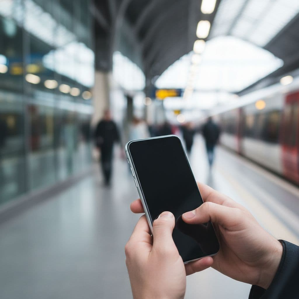 Close-up of hands holding a smartphone with blurred train station platform background.