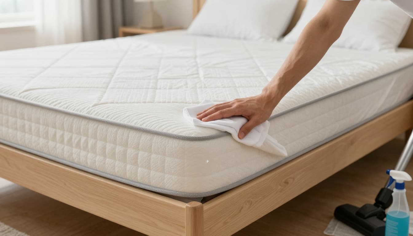 Close-up of hands rotating a mattress on a bed frame in a simple bedroom, with protector sheet, vacuum, and spray bottle nearby, showing proper airing and spill wiping.