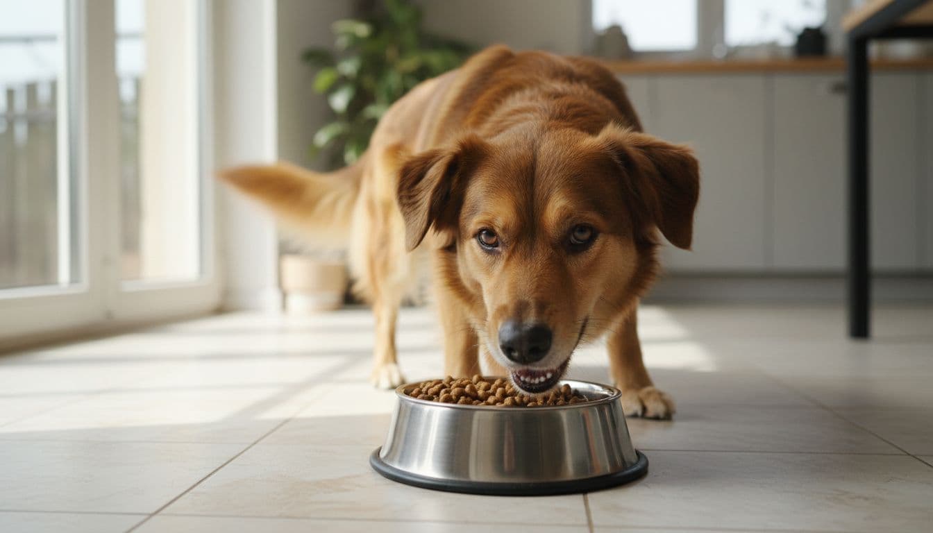 A happy medium-sized mixed breed dog with glossy coat and wagging tail eats dry kibble from a stainless steel bowl on a tiled kitchen floor, lit by natural daylight from a window.