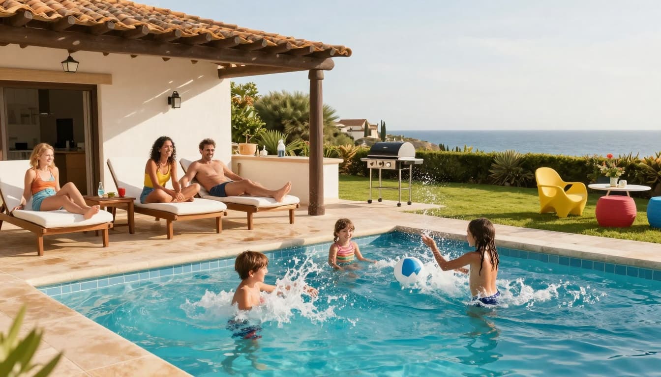 A happy family enjoys a sunny summer day at their private Algarve villa pool, with children splashing in the shallow end and parents relaxing on loungers under a shaded pergola, barbecue nearby and sea view in the background.