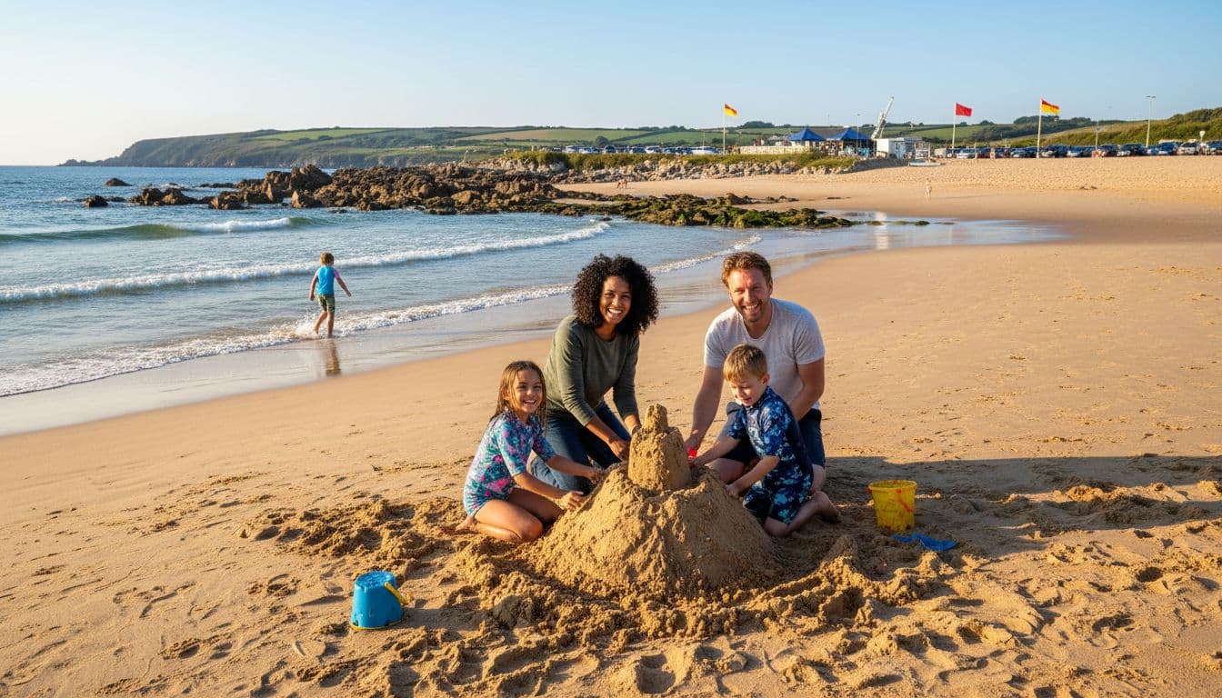 A happy British family with two young children under 12 plays on a wide sandy beach in Cornwall during summer, building sandcastles, paddling in shallow waves, with rock pools, golden sand, blue sea, and sunny sky.