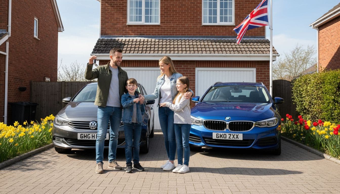 Happy UK family of four standing by two cars in a driveway, parents holding keys, suburban home with garage and Union Jack flag, spring weather with blue skies and flowers.