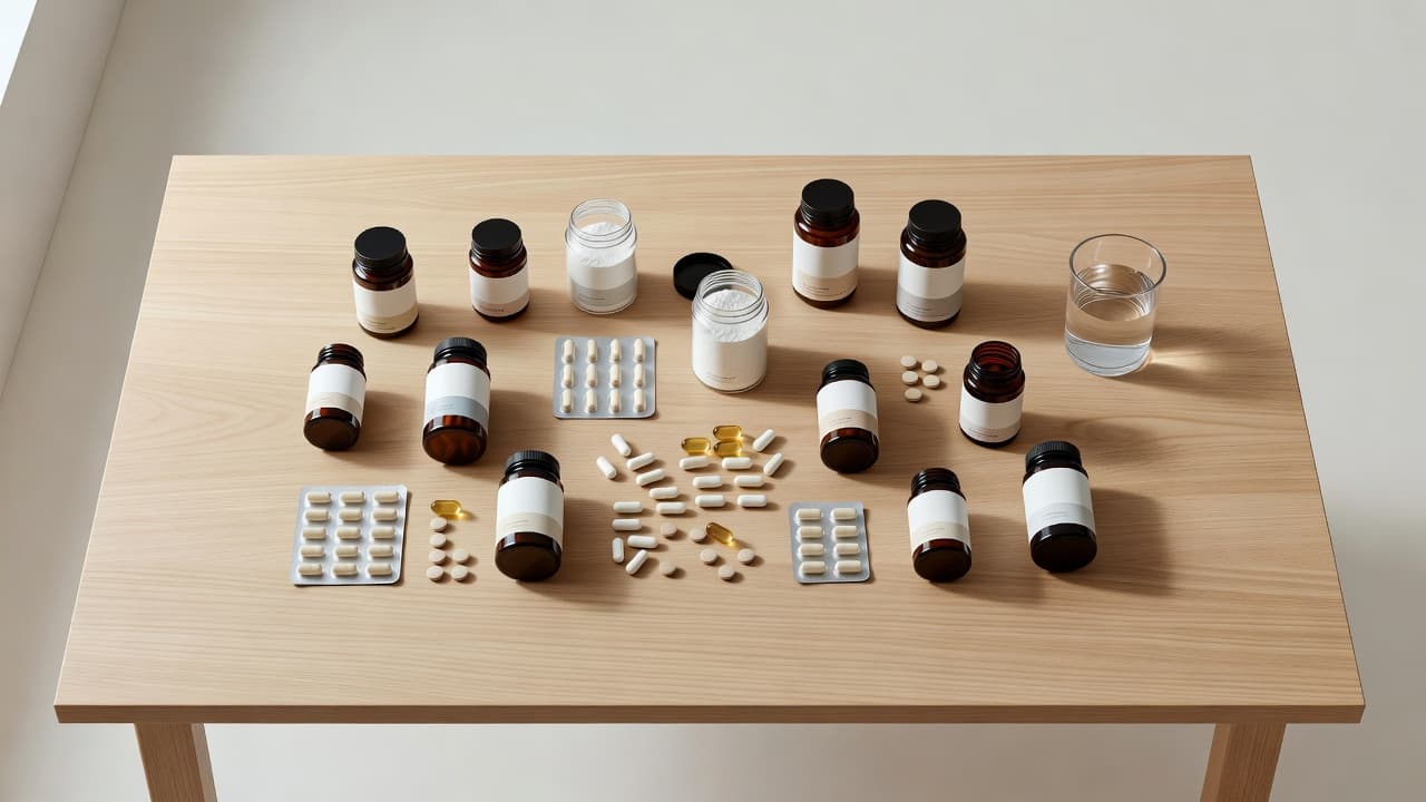 A wooden desktop surface holds an assortment of unlabeled vitamin bottles, various capsules, and a clear glass of water. Bright natural daylight illuminates the collection against a clean neutral background.