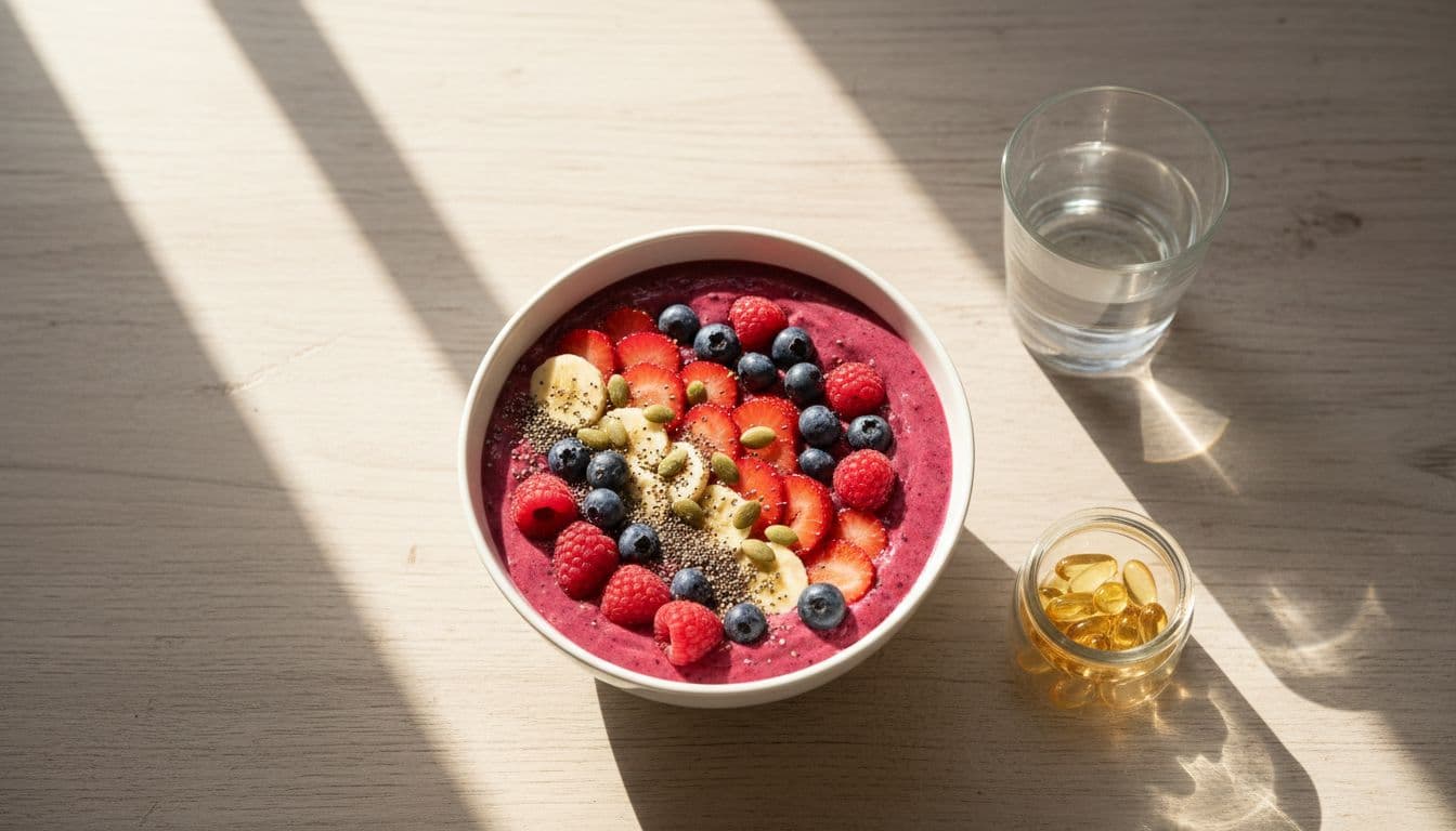 Top-down view of smoothie bowl with fruits and seeds, water glass, and supplement jar on wooden table in morning light.
