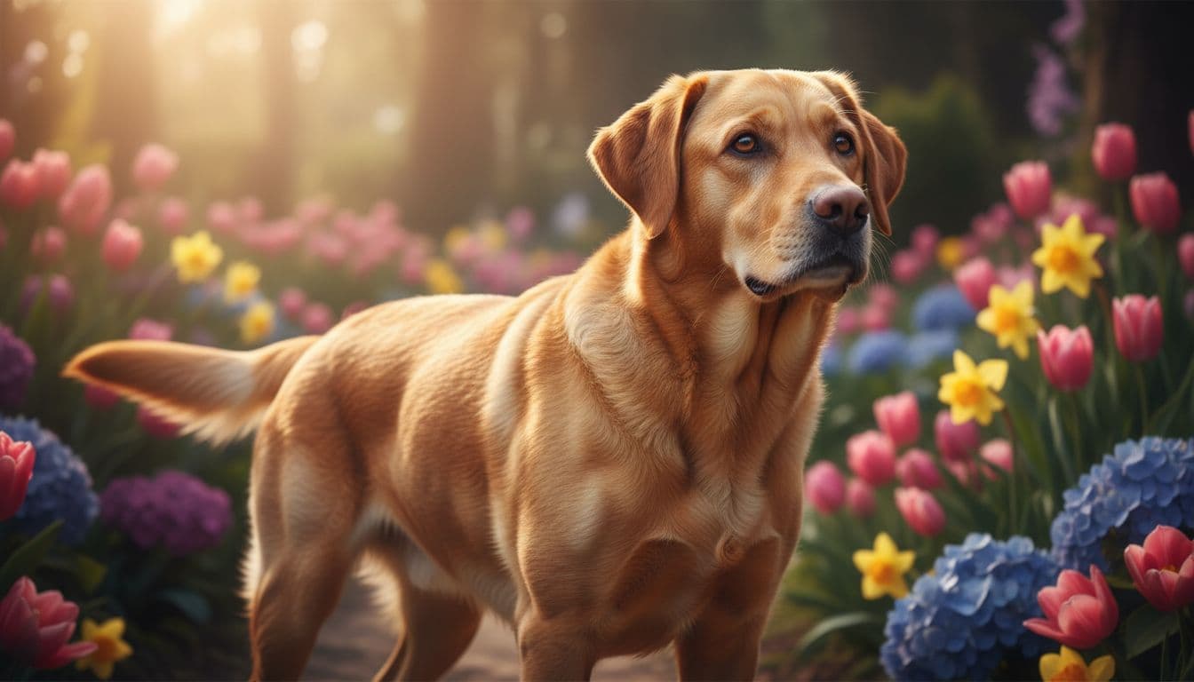 A Labrador retriever with glossy shiny coat and healthy clear skin stands happily in a lush green garden, with bright eyes and golden hour sunlight.