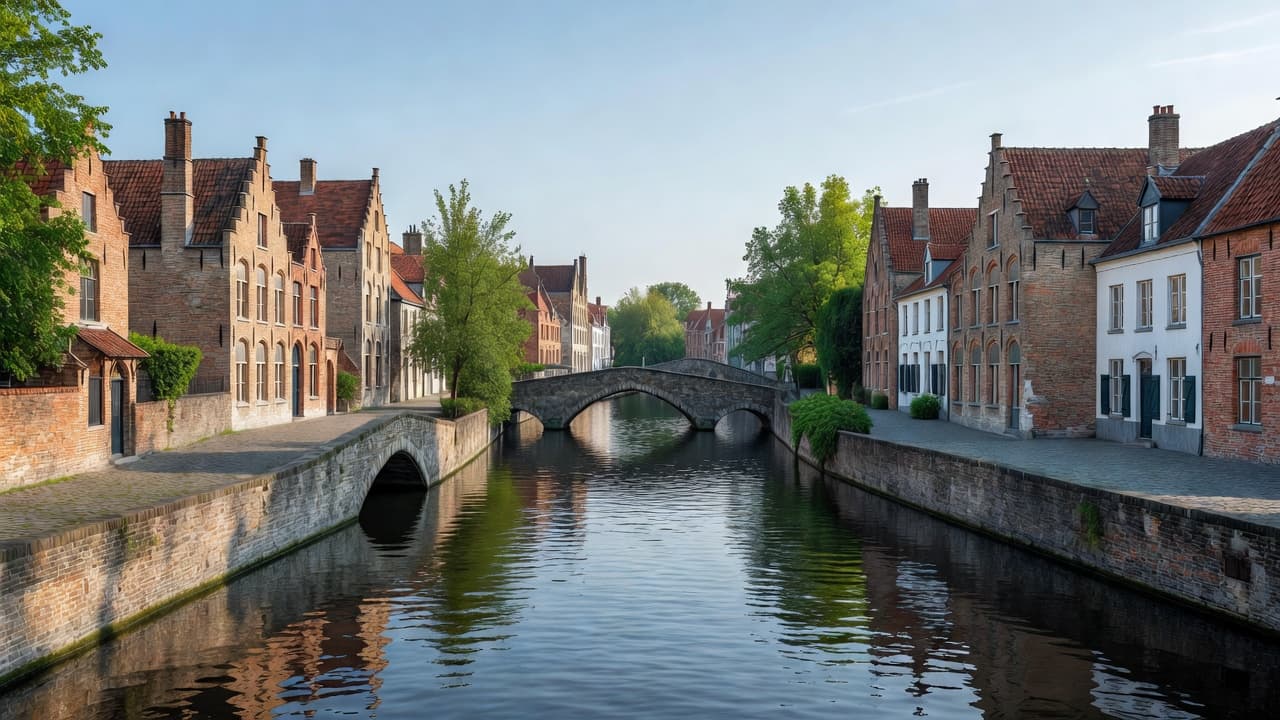 An arched stone bridge over a quiet canal lined with medieval brick buildings in Bruges.