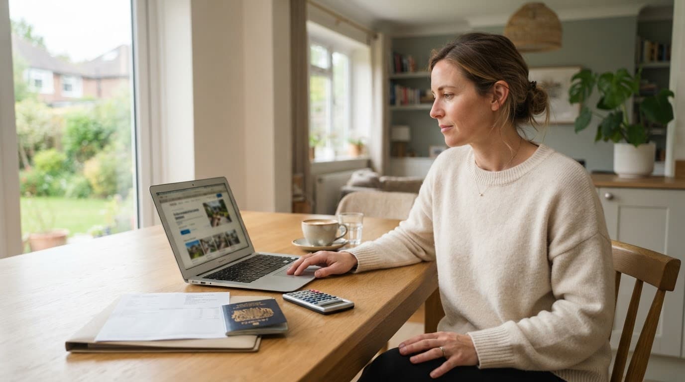 A traveller checks a holiday rental booking beside a passport, calculator, and coffee.
