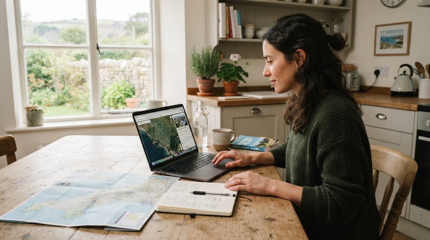 Traveller reviewing a rental location beside a laptop, map, and notebook.