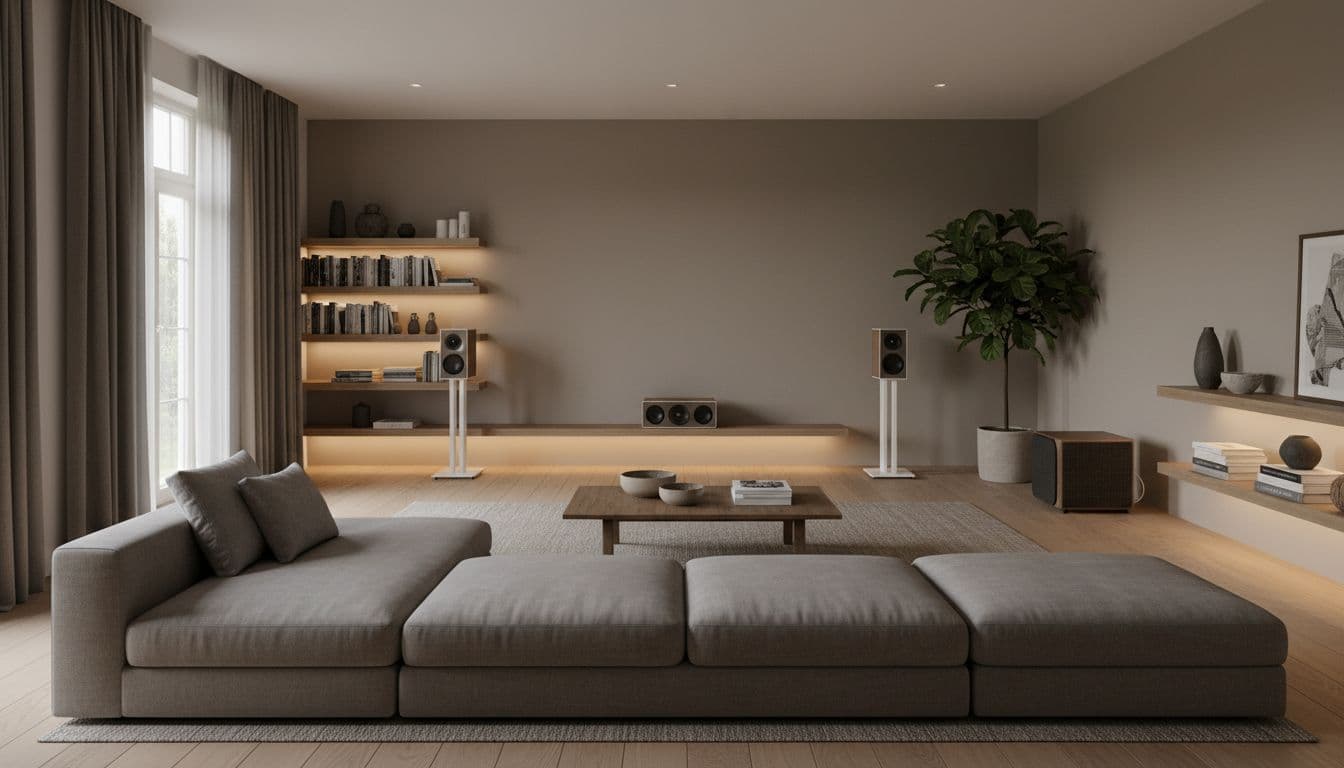 A realistic wide-angle view from the seating position of a 5.1 speaker setup in a spacious open-plan UK living room, with front left and right speakers on stands, center channel under the TV, rear speakers behind the sofa, subwoofer in the corner, dim cinematic lighting, hidden cables, and natural decor—no TV, people, text, or logos visible.