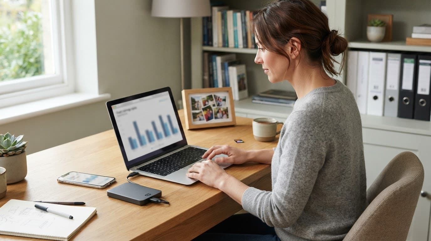 OneDrive Guide: How to Use It, Share Files and Choose a Plan 5 One person checks laptop storage beside a phone, hard drive, folders, photos, and memory card.