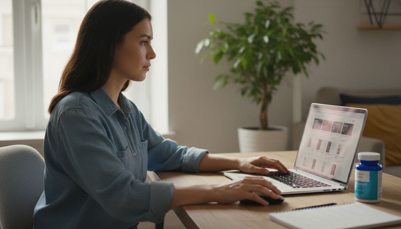 One person seated at a cozy home desk with laptop open to a blurred shopping page for supplements, hand near mouse, notepad and supplement bottle nearby, natural daylight, focused relaxed expression, plant in background, photorealistic soft lighting.