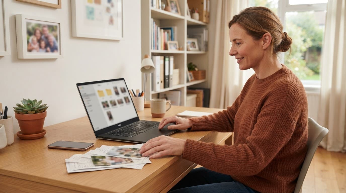 OneDrive Guide: How to Use It, Share Files and Choose a Plan 4 Person organising family papers and photos beside a laptop and phone.