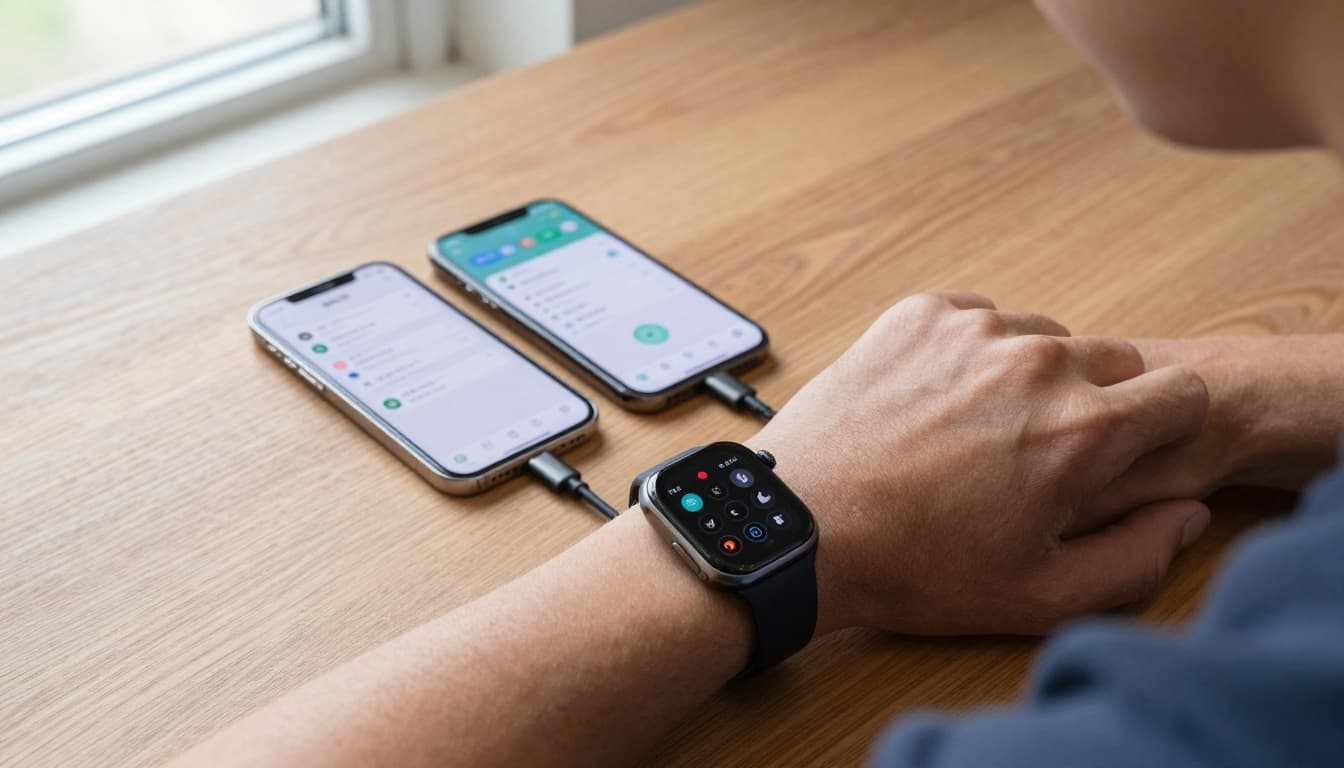 Huawei smartwatch next to Android phone and iPhone