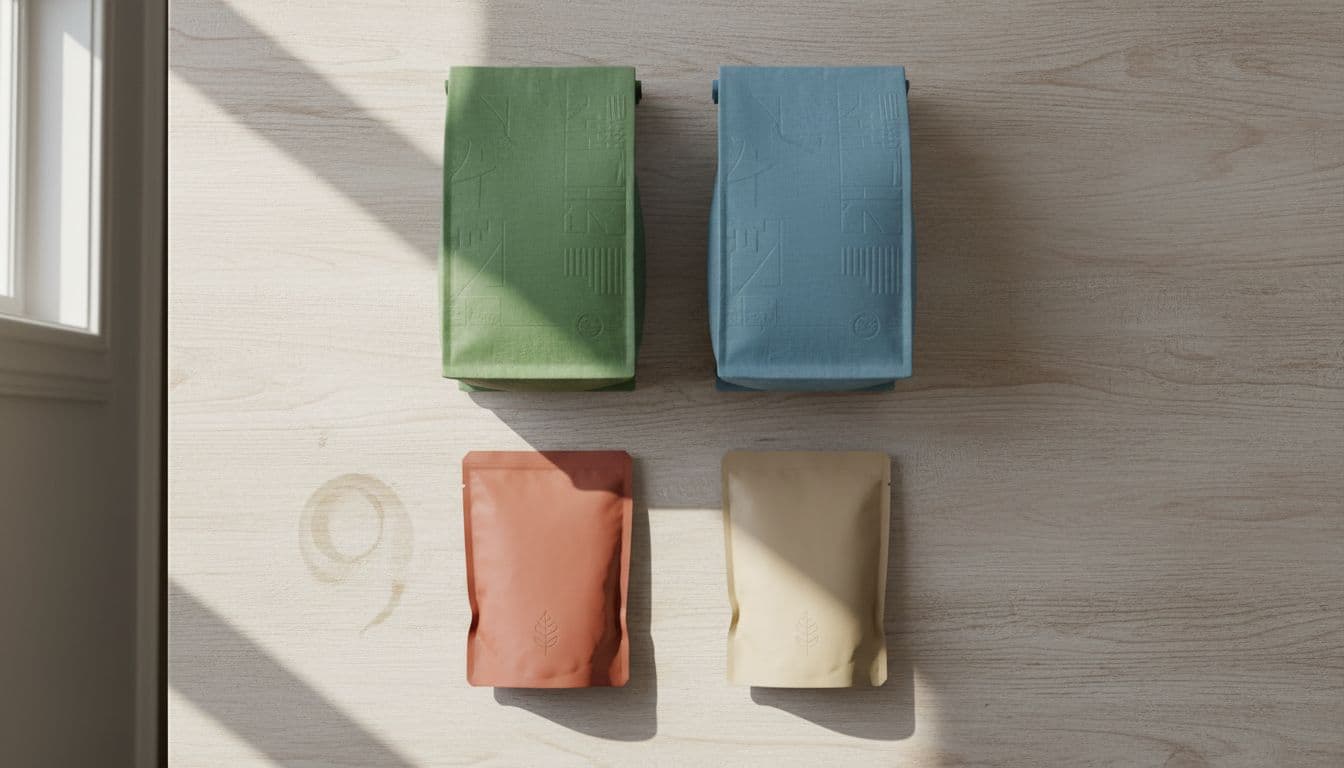 Assortment of hypoallergenic dry dog kibble bags and wet food pouches on a wooden kitchen table, top-down flat lay with natural light and soft shadows, four items total.