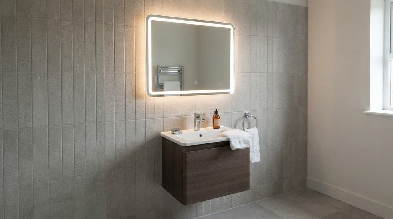 An illuminated bathroom mirror above a compact basin in a tiled contemporary bathroom.