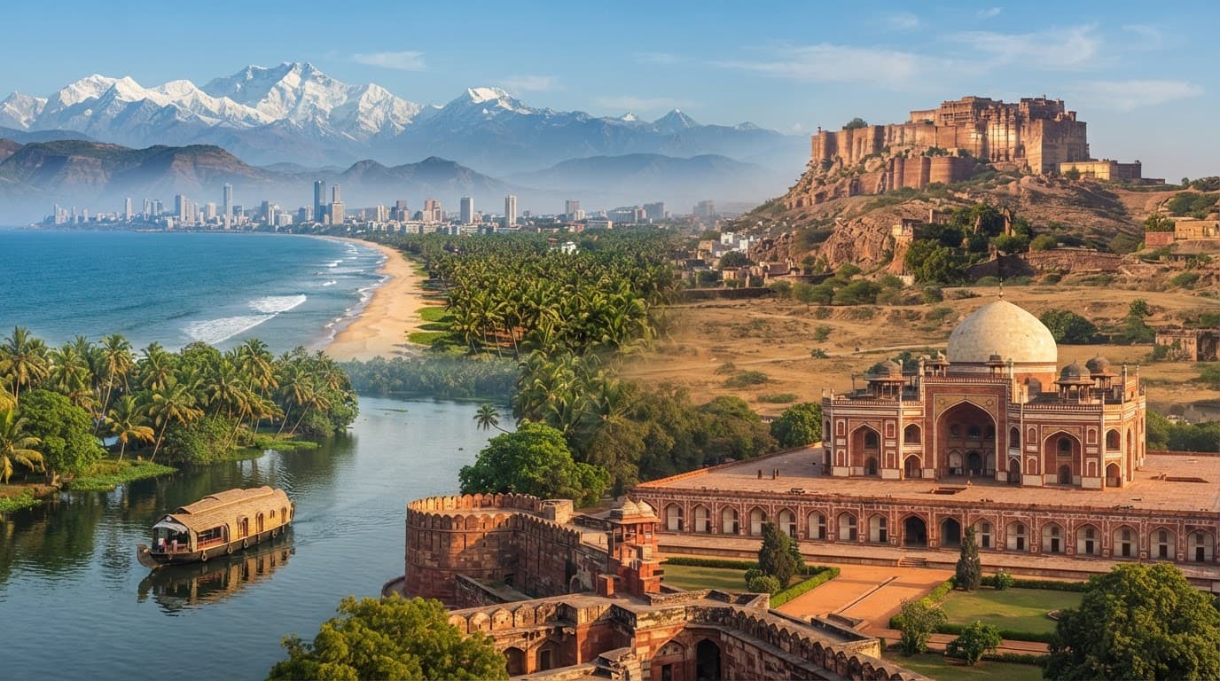 A wide Indian landscape combining historic buildings, backwaters, a beach, city skyline, fort, and mountains.