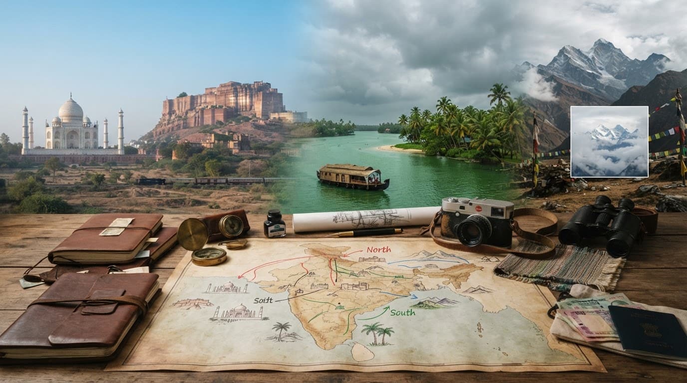 Travel objects lead toward Indian landmarks, beaches, backwaters, and Himalayan peaks under varied seasonal skies.
