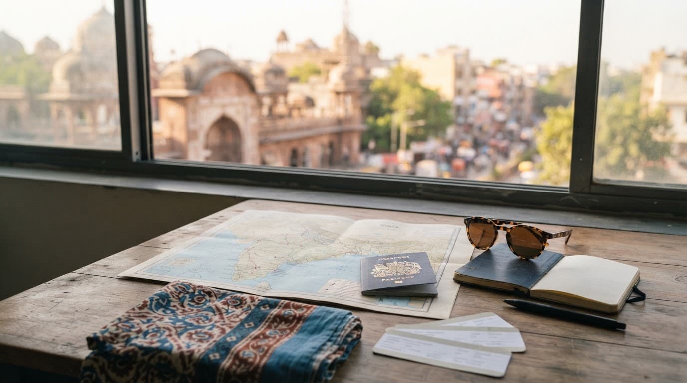 Travel items and an India map sit on a desk beside a sunny window.