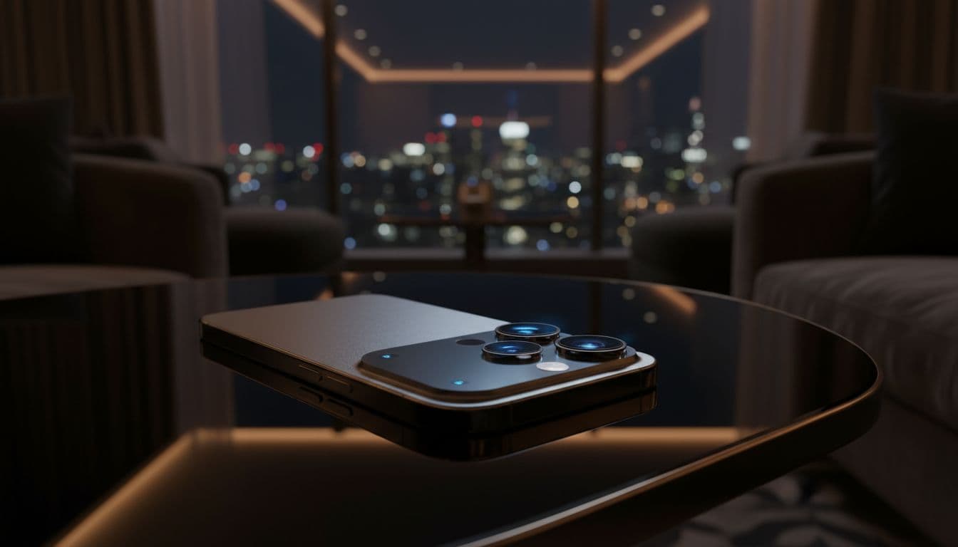 Rear view of iPhone 17 Pro Max camera array on glossy black glass table in luxury lounge with blurred city lights.