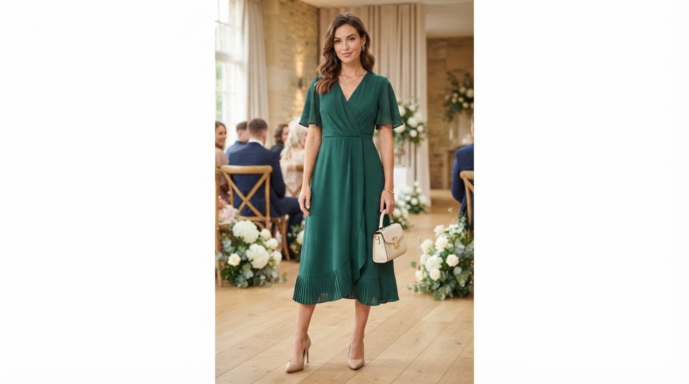Model in a jewel-tone midi dress with heels and a handbag at a bright event venue.