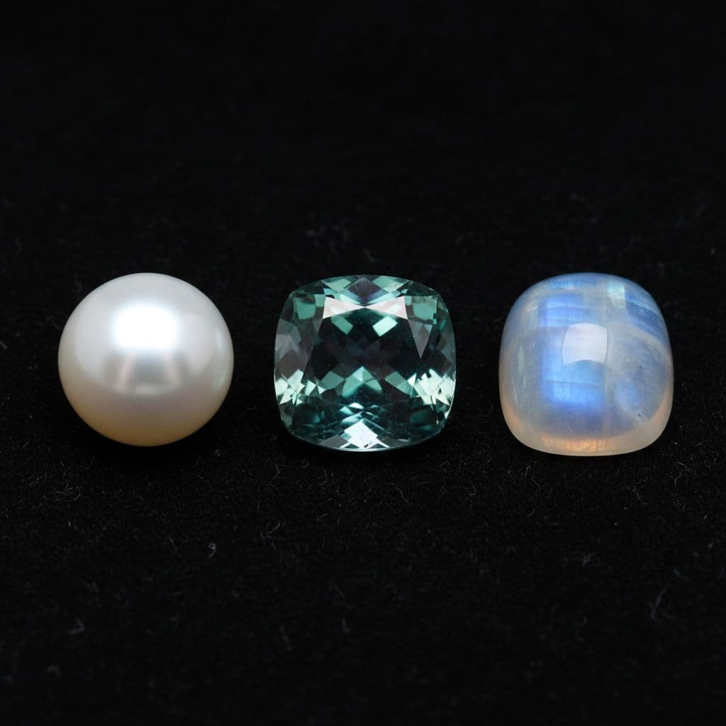 A pearl, an alexandrite, and a moonstone rest on a dark velvet background.