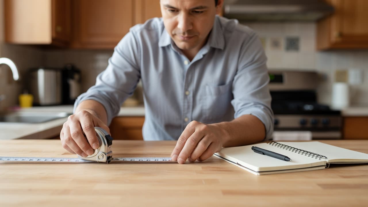 A focused individual uses a metal tape measure on a granite countertop, with an open notebook and ballpoint pen positioned nearby to record accurate dimensions for an upcoming home renovation project.