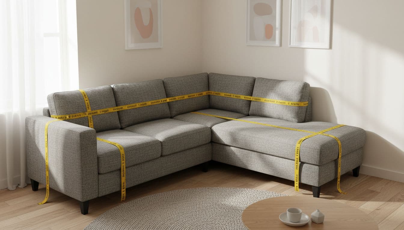 Tape measure extended across L-shaped sofa against walls in compact living room, showing length, projection, and height.