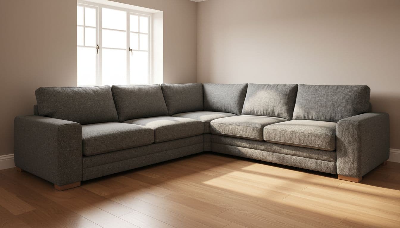 L-shaped sofa positioned in corner of UK living room with neutral walls and wooden floor under soft natural daylight.