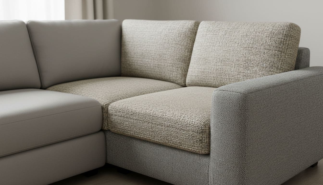 Close-up of L-shaped sofa corner with smooth faux leather chaise, woven seat fabric, and subtle arm weaves in neutral greys and beiges.