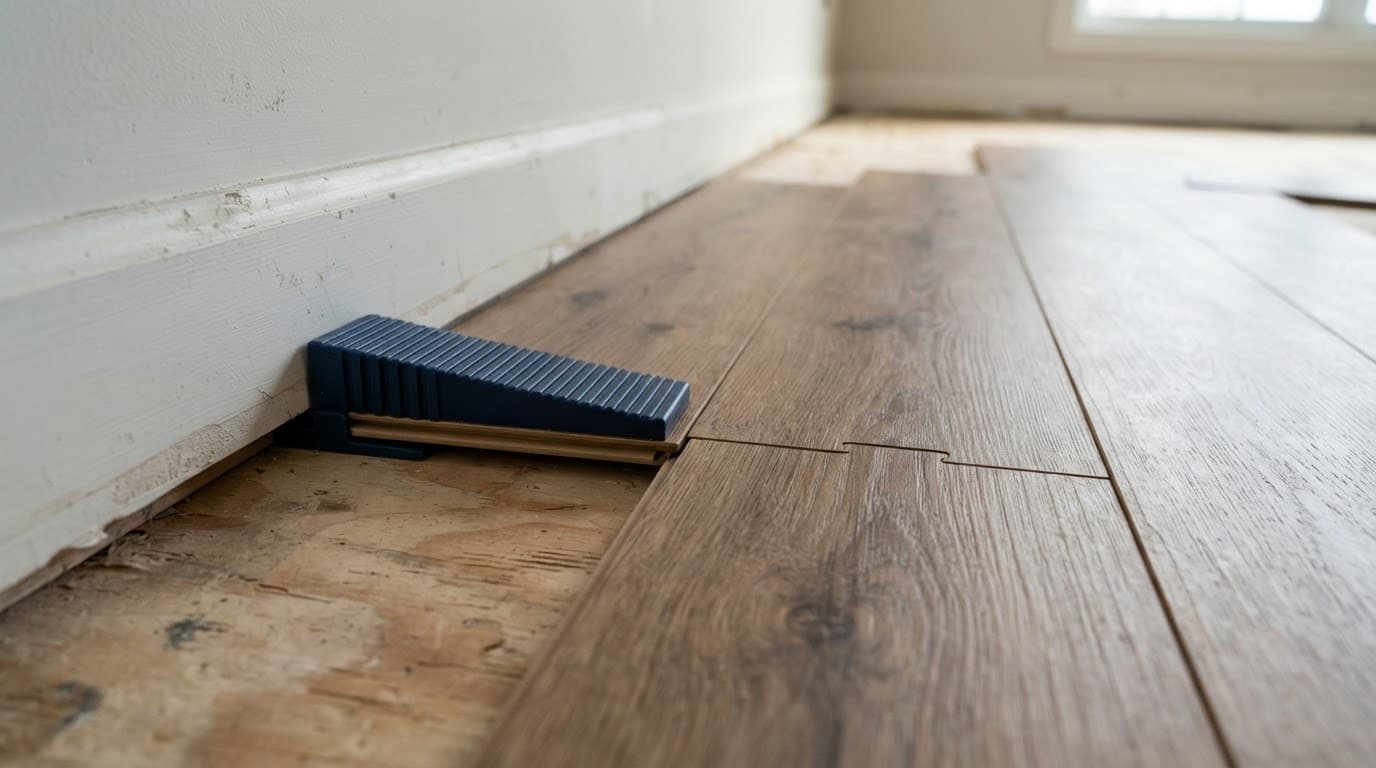 Laminate planks with a spacer block maintaining a gap by the wall.