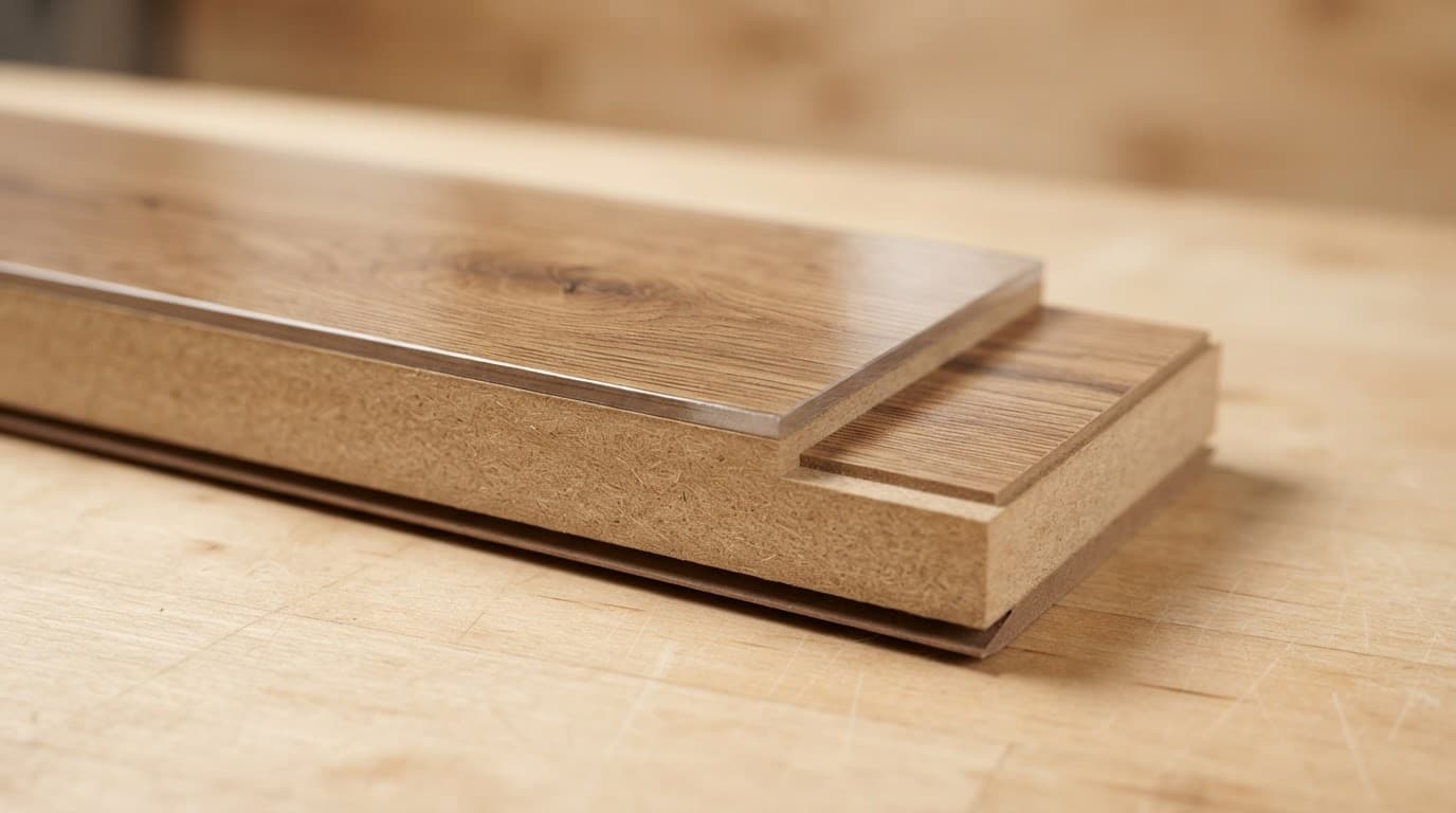 Cutaway laminate plank showing four distinct flooring layers on a wooden workbench.