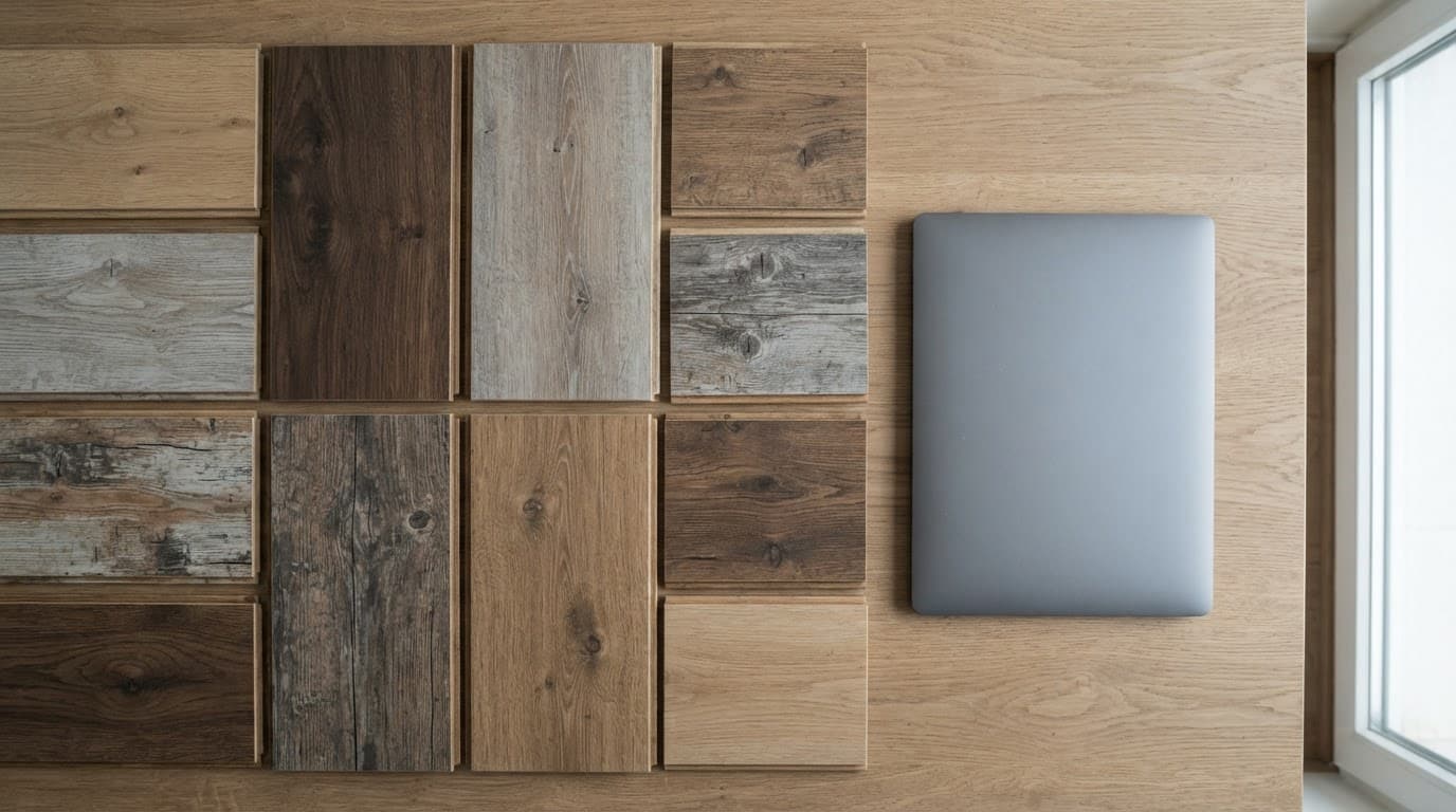 Wood-effect floor samples arranged beside a closed laptop on a neutral table.