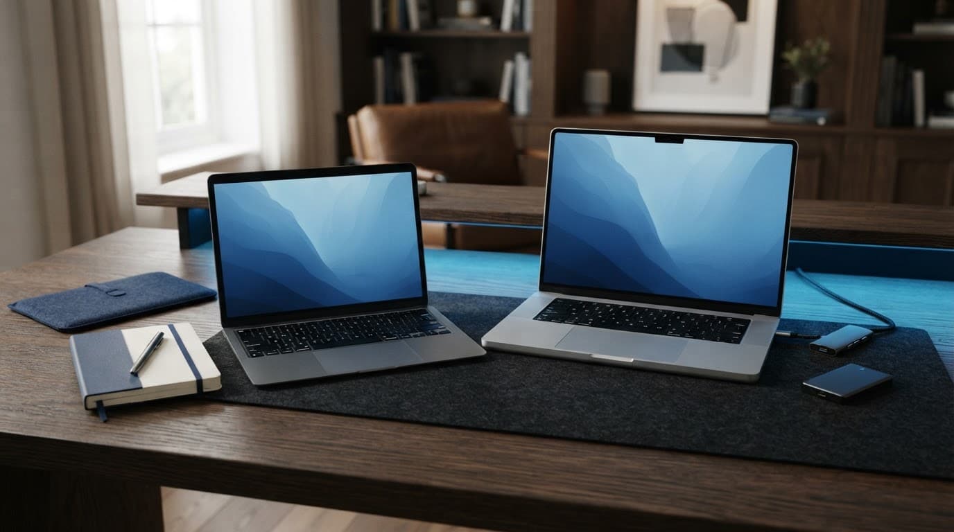 Apple MacBook Review: Air or Pro, Which Model Offers Better Value? 4 Two aluminium laptops and accessories arranged on a blue-accented home-office desk.