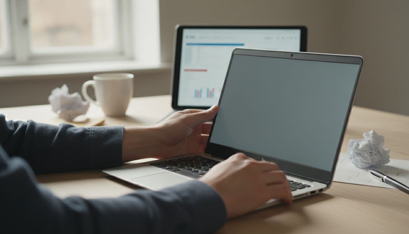 Hands holding a slim laptop on a kitchen table, comparing specifications on a blurred background screen amid shopping notes in a casual daylight home setting.