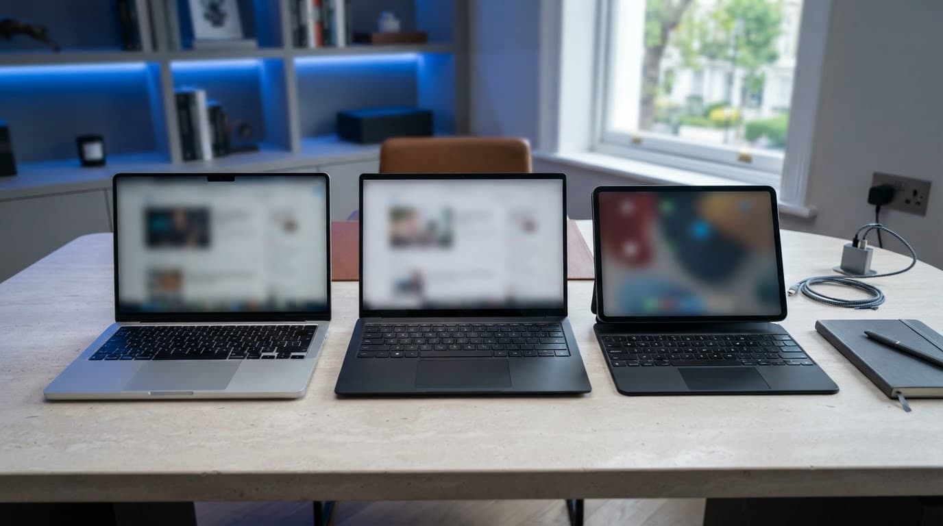 Apple MacBook Review: Air or Pro, Which Model Offers Better Value? 6 Three laptops and a keyboard-equipped tablet arranged on a blue-lit office desk.