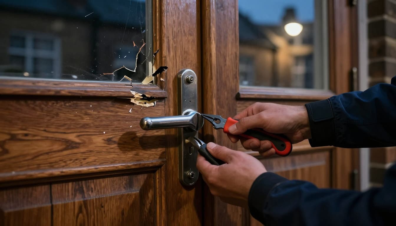 Locksmith urgently fitting a new temporary lock on a damaged front door of a UK terraced house after a break-in, at night with street light illumination, photorealistic moody evening scene.