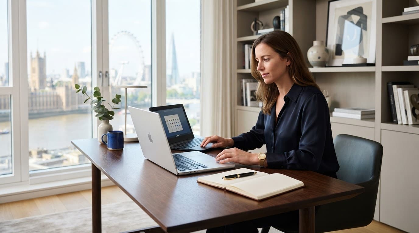 Person deciding at a desk with a laptop and notepad.