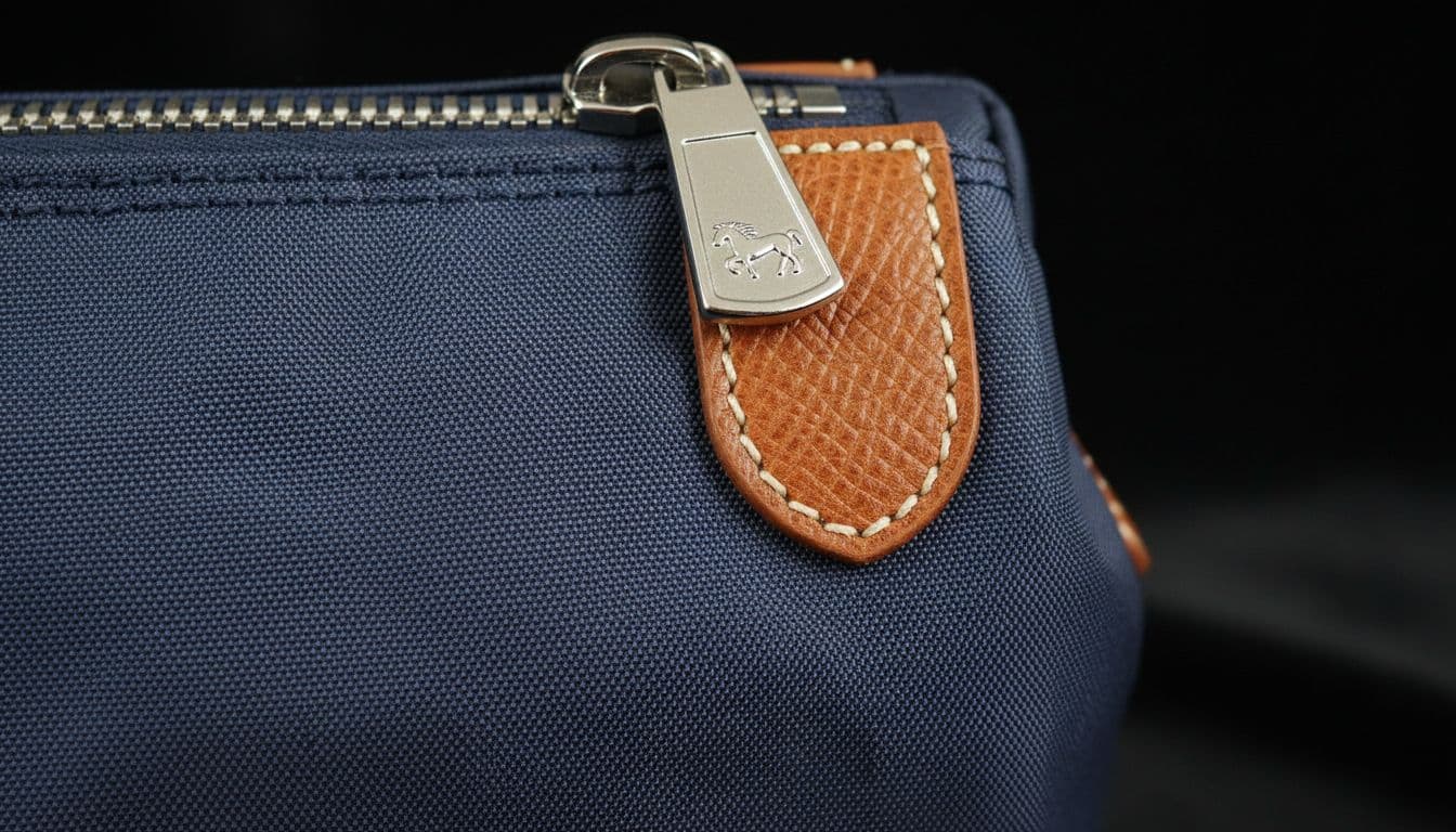 Macro close-up shows woven nylon fabric, stitched leather handle base, reinforced seams, and metal zipper pull on black velvet.