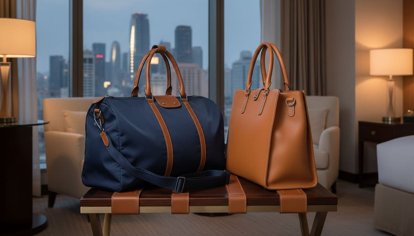 Dark blue nylon Longchamp duffle bag and leather weekend tote on wooden luggage rack in hotel suite with city view window.