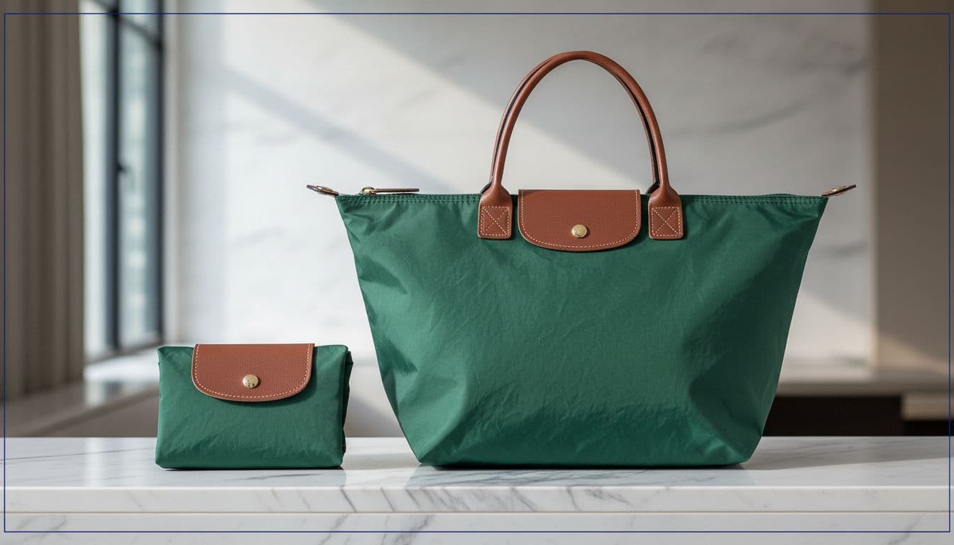 Compact folded green Longchamp Le Pliage tote next to unfolded full-size version with leather handles on white marble shelf.