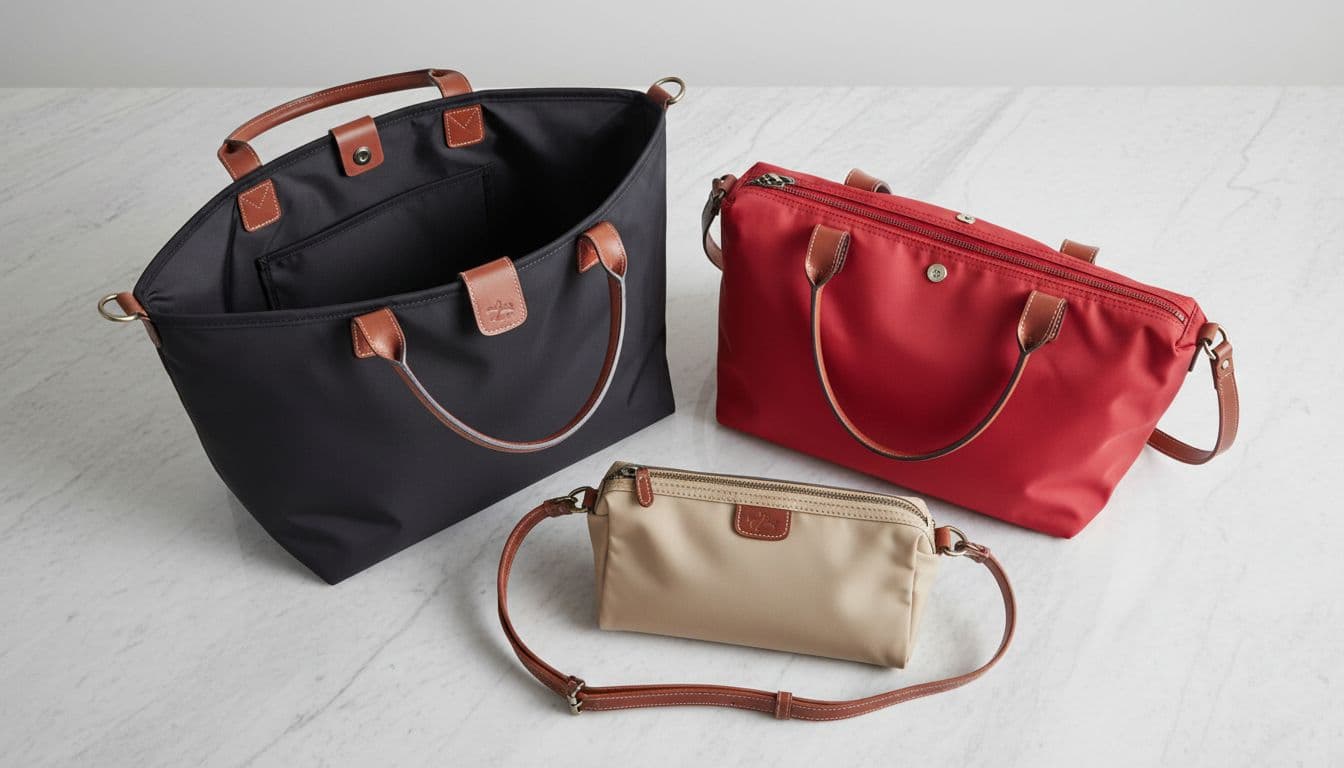 Three Longchamp nylon bags with leather trims—a large black tote, small beige crossbody, and red shoulder bag—laid flat on a light grey stone table.