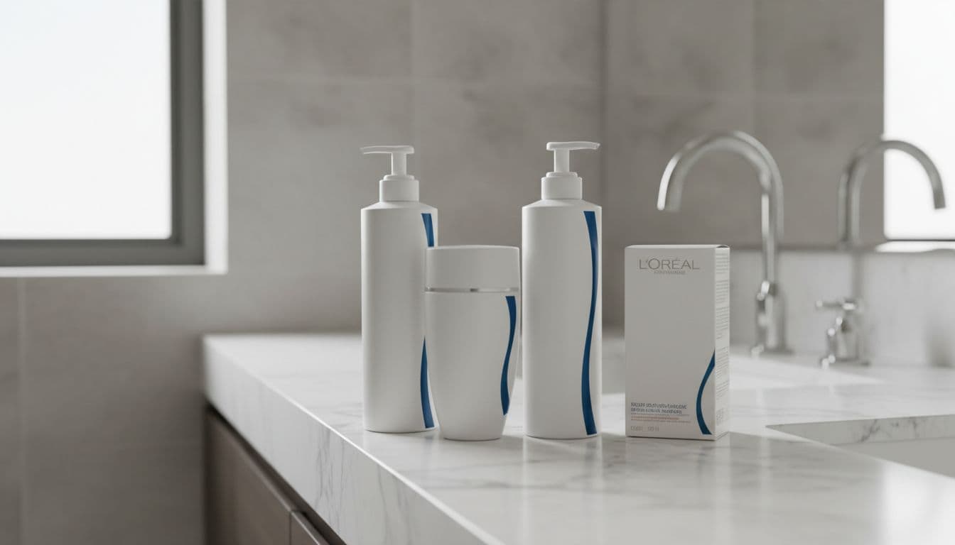 A curated selection of L'Oréal shampoos, conditioner, and hair dye kit neatly arranged on a marble vanity in a modern luxurious bathroom, illuminated by soft natural light.