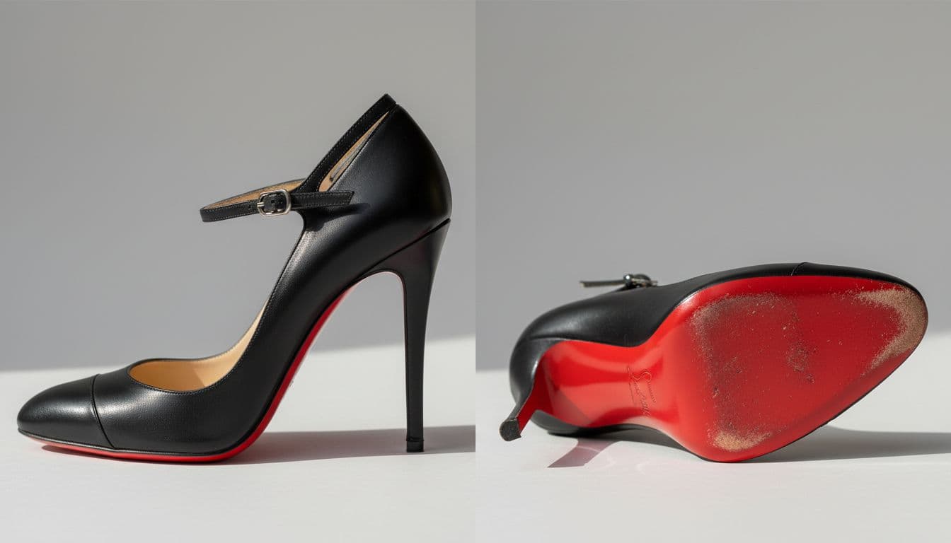 Close-up of a pre-owned Louboutin high heel displaying light red sole wear and good leather condition on a neutral background.