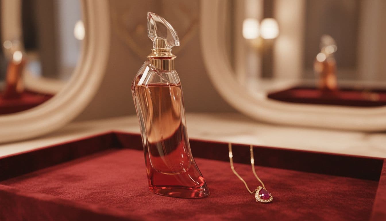 Elegant Louboutin Beauté perfume bottle in glass with red accents on a velvet tray next to a pendant necklace, nail lacquer, and lipstick collection in a luxury vanity flat lay. Photorealistic close-up with soft diffused lighting and high detail on reflections.