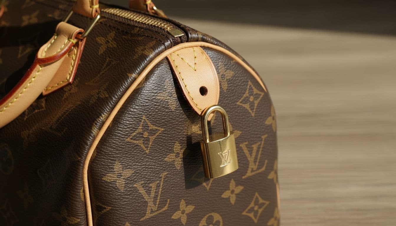 Close-up view of a Louis Vuitton bag highlighting coated canvas with monogram pattern, Vachetta leather trims, gold-tone hardware, precise double stitching, and leather handles on a plain wooden surface, with high detail, sharp focus on textures, and natural soft lighting.