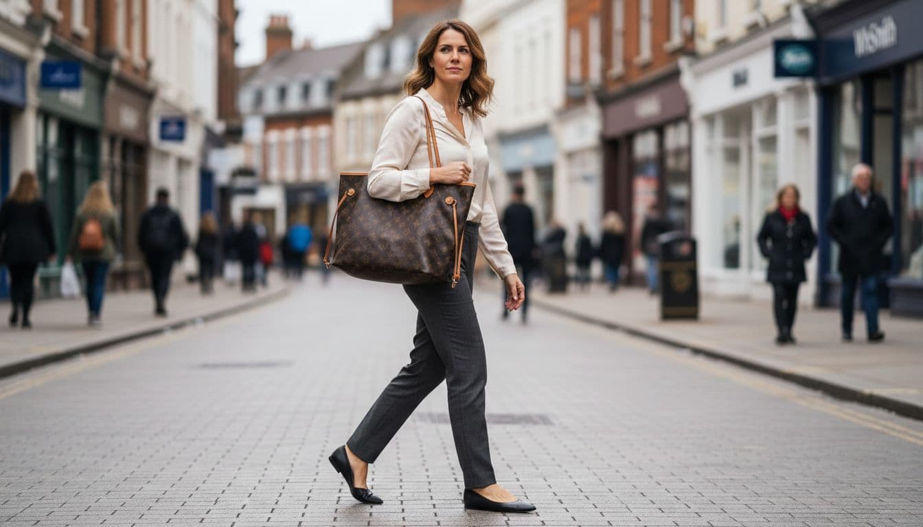 A stylish woman in her 30s wearing casual tailored trousers, blouse, and flats carries a large Louis Vuitton monogram Neverfull tote bag comfortably on her shoulder while walking on a busy UK high street with blurred shops and pedestrians in the background.