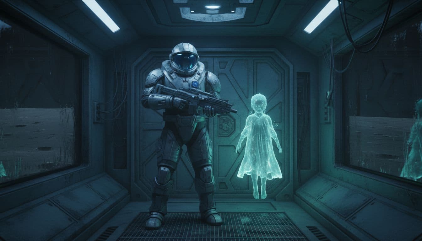 Hugh Williams, tall astronaut in bulky spacesuit, stands protectively beside small glowing holographic child Diana in dimly lit lunar base corridor.