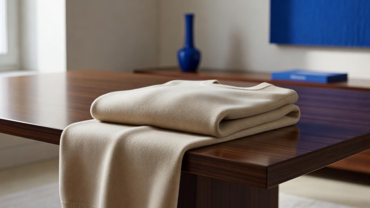 Loro Piana Review: Materials, Value and First Buys 1 A soft beige cashmere sweater lies folded on a polished dark wood table. In the background, a minimalist room features subtle blue decor accents bathed in warm, soft natural sunlight.